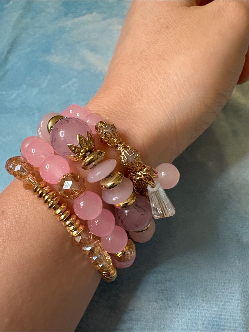 Pink & Gold Beaded Bracelet Set of 4 - Picture 2 of 3